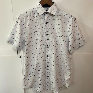 Berto Romani Mens Short Sleeve Button Down Shirt Size Small White with Ink Splat